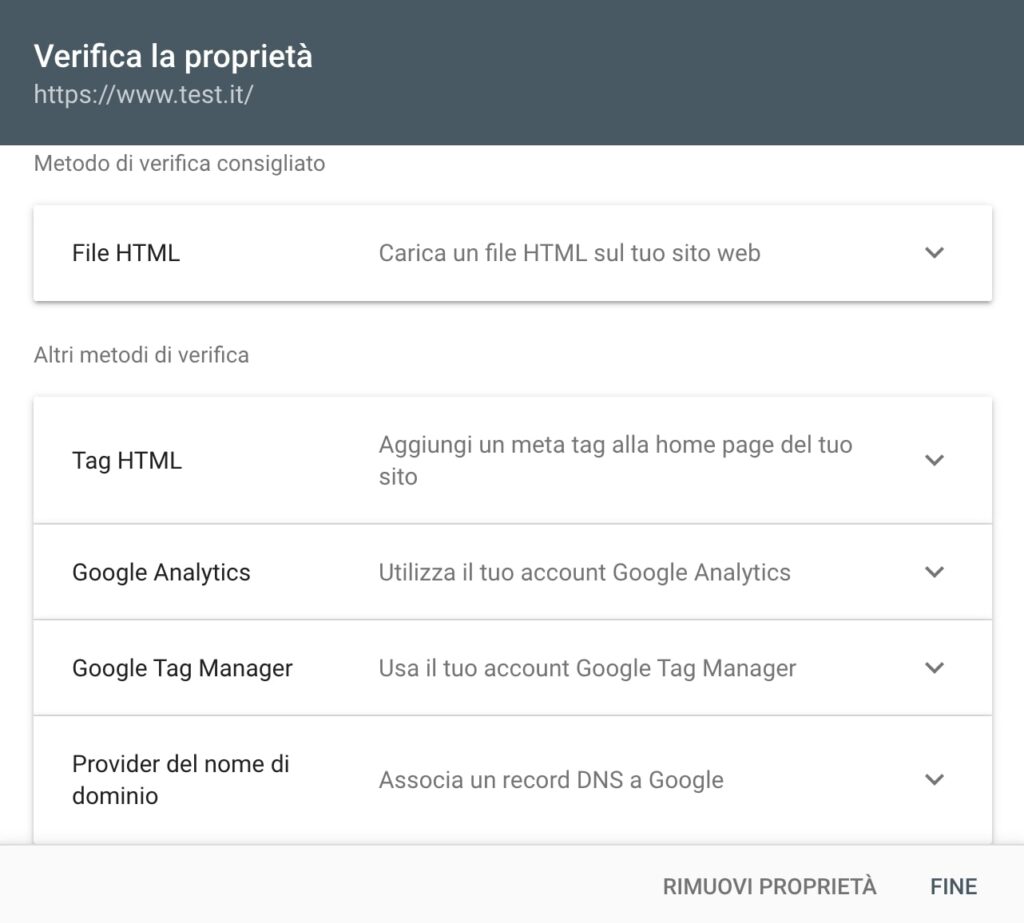 Installazione Google Search Console proprietà prefisso URL