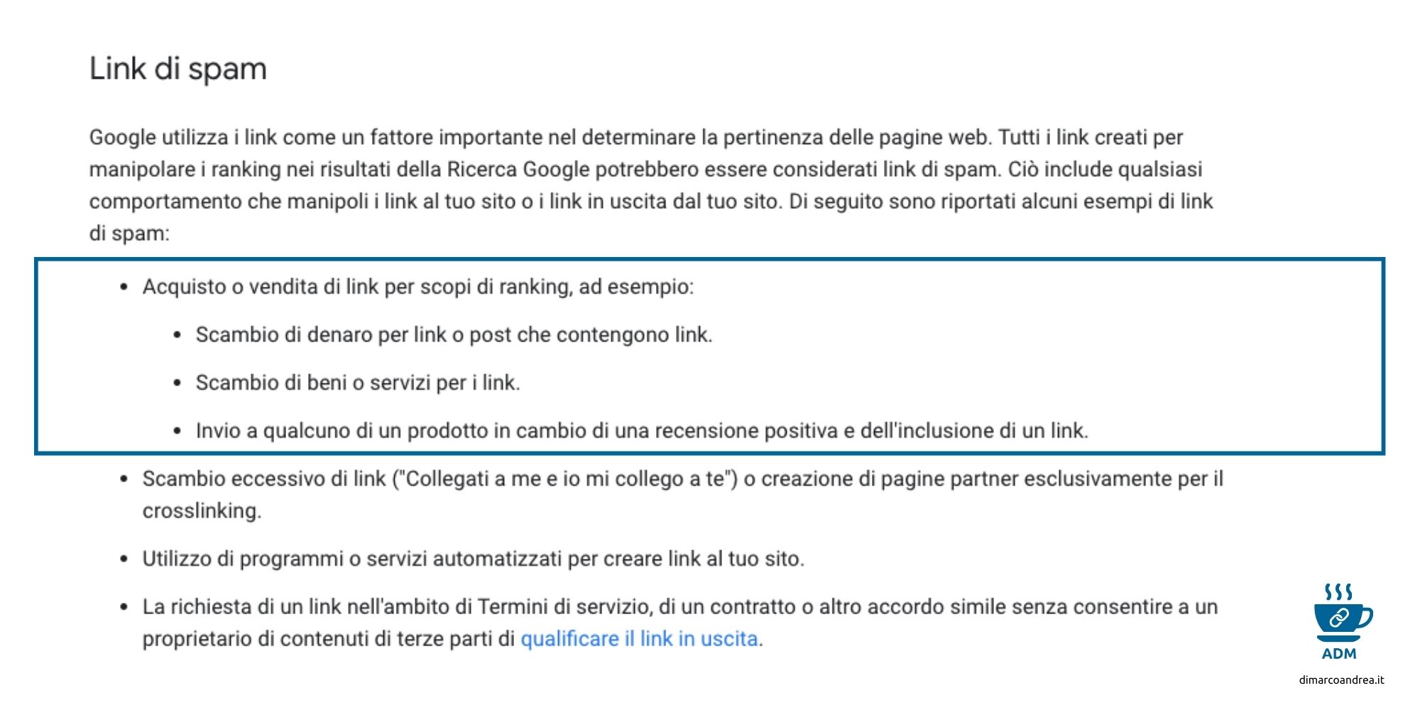 Documentazione di Google in merito all'acquisto di backlinks